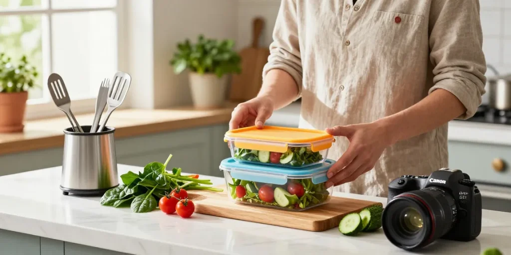 Vibrant kitchen scene showing food storage containers and fresh vegetables during meal prep.