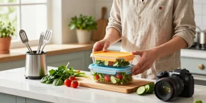 Vibrant kitchen scene showing food storage containers and fresh vegetables during meal prep.