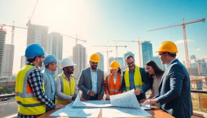 Engaging scene of construction advocacy with builders collaborating on project plans.