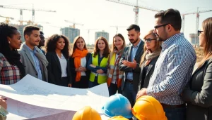 Engaging construction advocacy scene with professionals collaborating at a site, promoting industry progress.