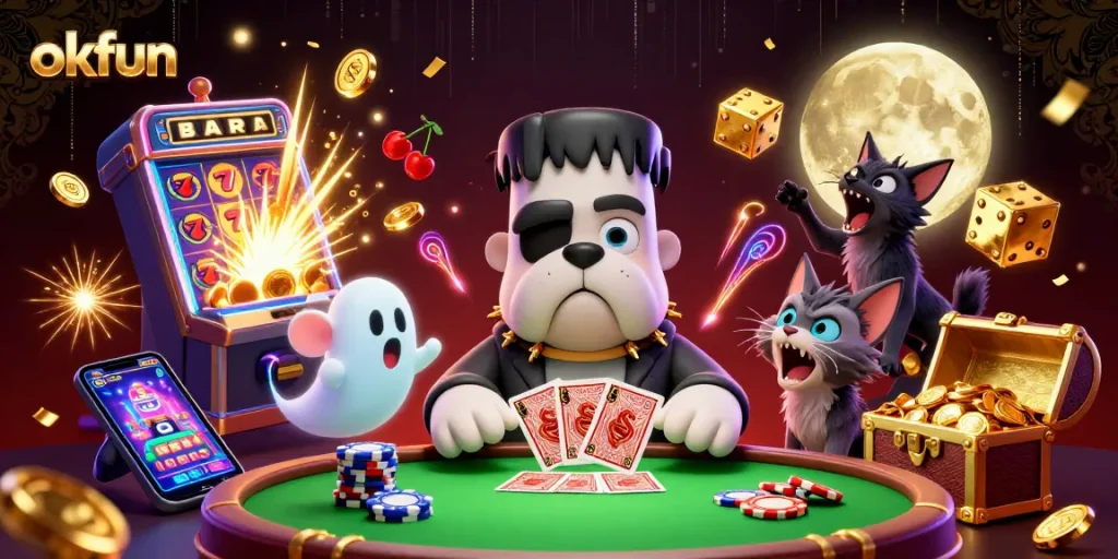 Engage in thrilling games at okfun with a lively 3D scene featuring imaginative characters and vibrant casino elements.