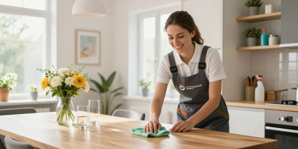 Expert cleaner from reinigungsunternehmen bern efficiently tidying a sunny kitchen.