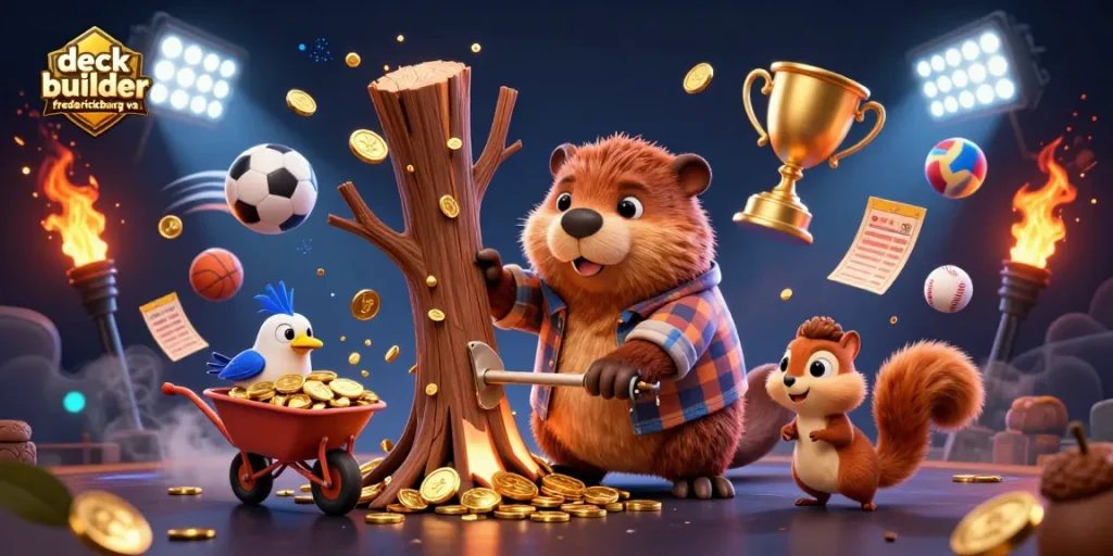 Engaging scene depicting deck builder fredericksburg va with cartoon beaver, bird, and squirrel amid gold coins.