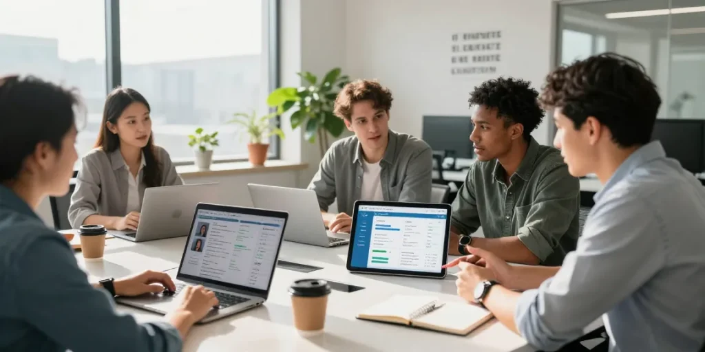 Team collaborating to get customers automatically through service software in modern office.