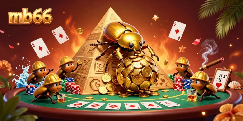 Engage with mb66 as a massive golden beetle rolls coins in a vibrant casino scene.