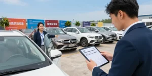 Car buyer using a tablet for a car history check UK at a dealership, ensuring a smart purchase decision.