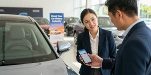 car history check UK displayed on smartphone while examining a vehicle at a dealership