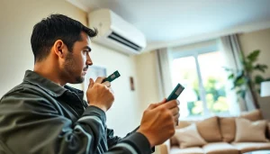 Technician performing emergency hvac repair bc in a home living space, ensuring optimal comfort.