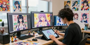 AI ecchi anime artist creating vibrant artwork in a modern studio.
