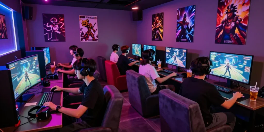 Engaging group playing NSFW AI games in a vibrant lounge atmosphere