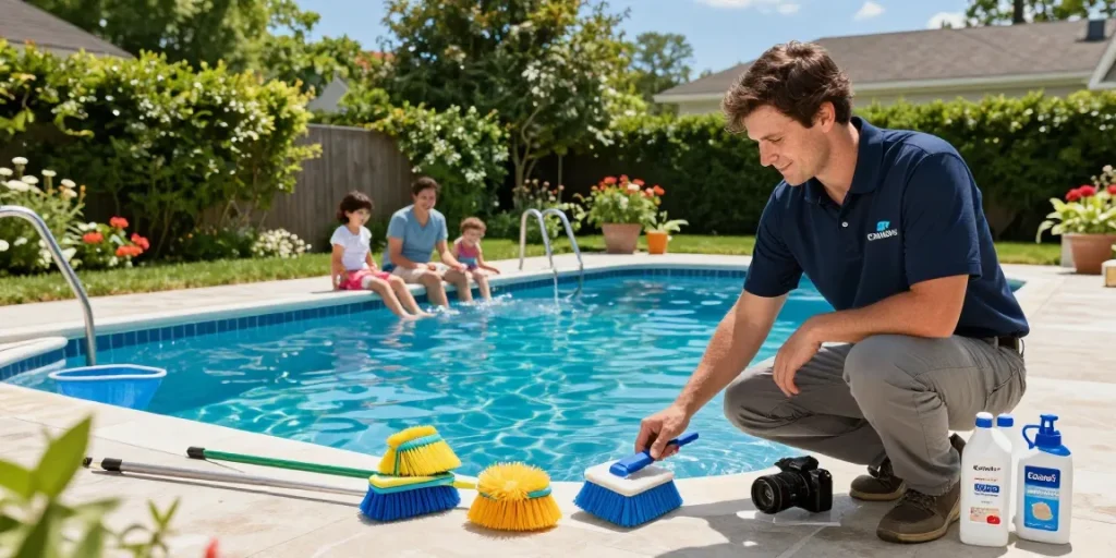Dolphin Pool Services technician inspecting a vibrant Virginia backyard pool on a sunny day, showcasing expert care and happy customers.