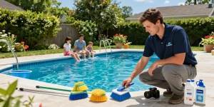 Dolphin Pool Services technician inspecting a vibrant Virginia backyard pool on a sunny day, showcasing expert care and happy customers.