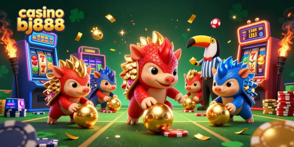 Experience the thrill of casino bj888 with rival pangolins in an action-packed casino-themed scene.