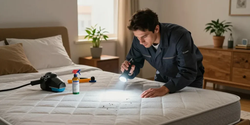 Bed bug exterminator inspecting a mattress in a cozy bedroom for effective pest control solutions.