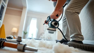 Technician performing professional spray foam removal in a residential space.