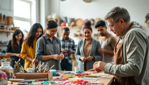 Individuals engaged in craft training showcasing diverse techniques and vibrant materials.