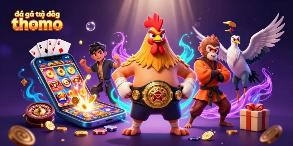 Experience đá gà trực tiếp thomo with vibrant rooster and martial artists in a dynamic casino-themed illustration.