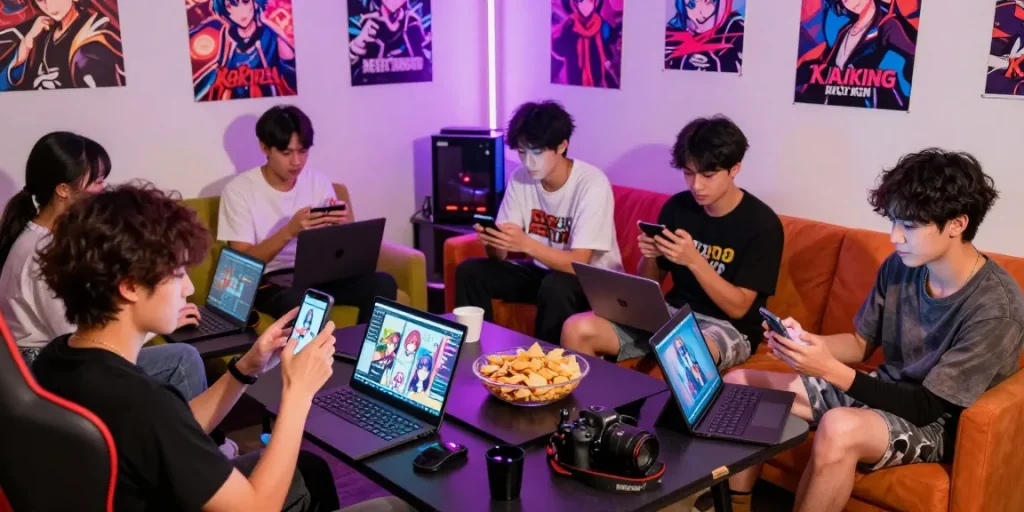 Group enjoying hentaigames in a vibrant gaming lounge with devices and snacks.