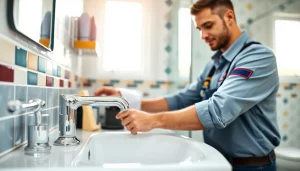 Plumber near me fixing a faucet in a bright, modern bathroom setting.