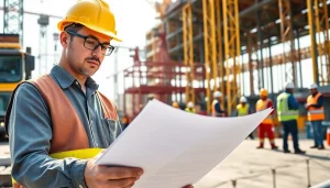 Visual representation of construction labor compliance indicating an officer reviewing safety protocols in a busy construction site.