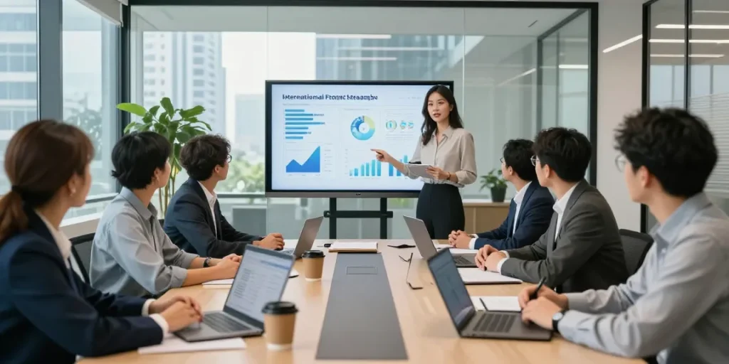 Team discussing international project funding strategies in a modern conference room.