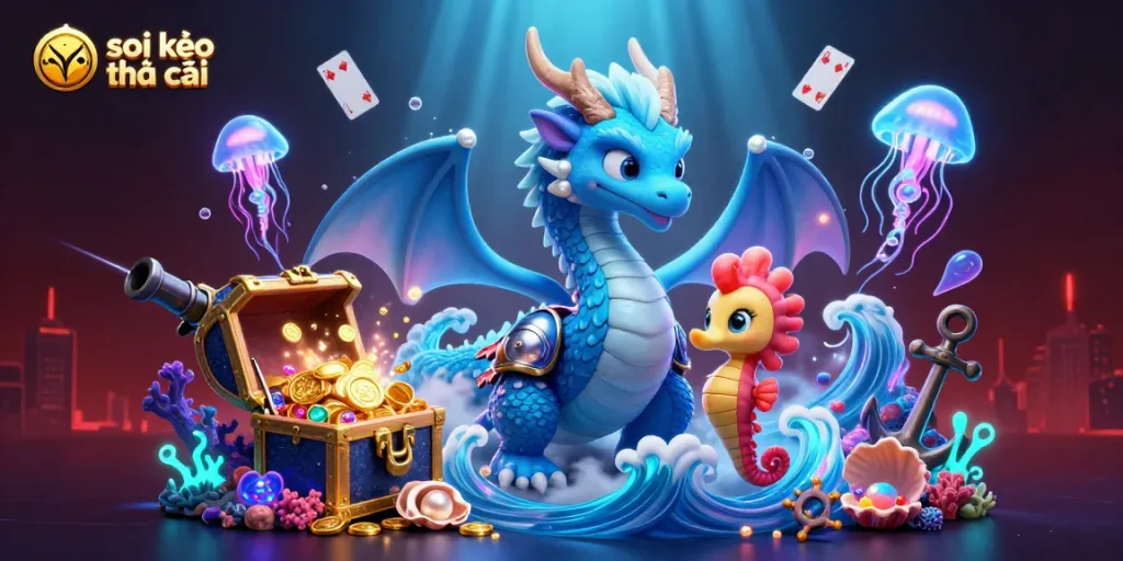 Bet on soi kèo nhà cái with an azure dragon, jellyfish, and treasures in a vibrant underwater scene.