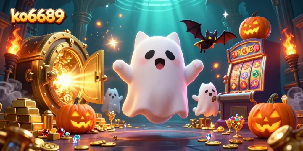 Engage with the charming ko6689 ghost cat in a vibrant haunted casino filled with treasures.