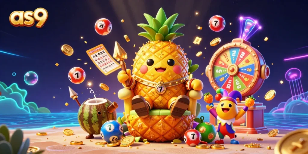 Join the excitement at as9 with the golden pineapple king and vibrant casino elements in this captivating scene.