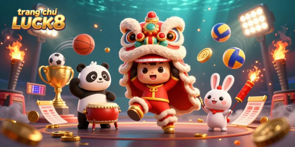 Bet on excitement with trang chủ LUCK8 and its vibrant casino-themed scene showcasing fun characters and sports elements.