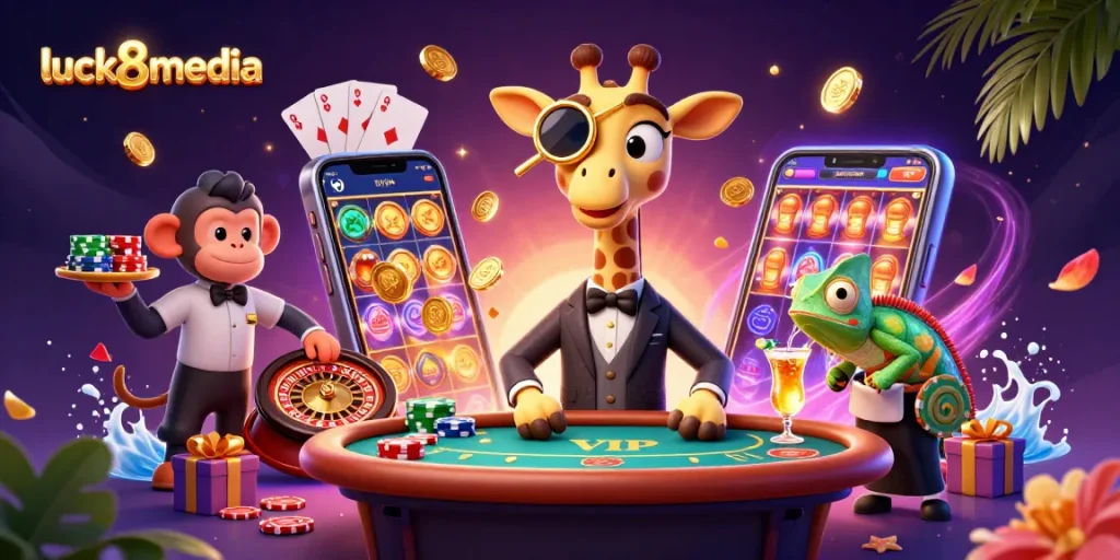Experience the thrill of luck8media's dynamic gaming scene with colorful slot games and casino excitement.
