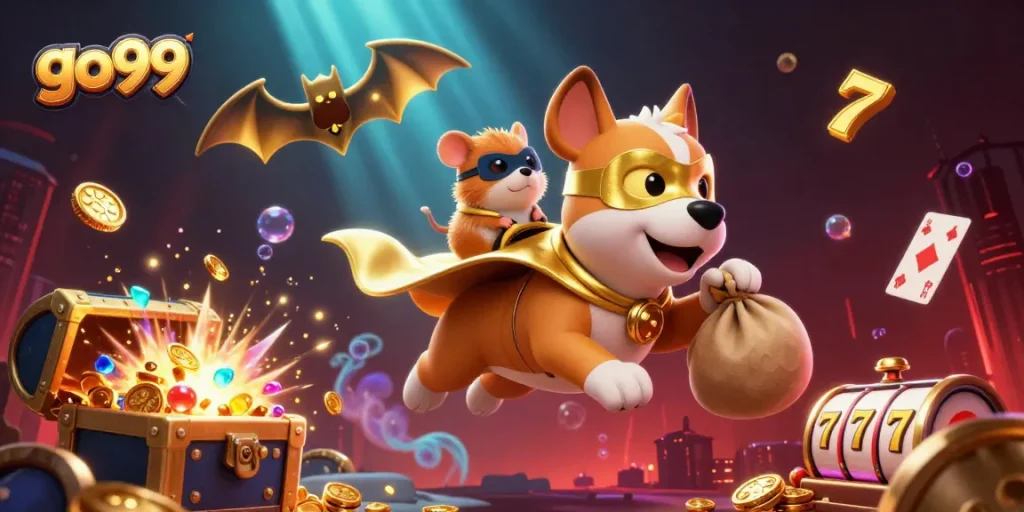 go99 casino illustration featuring a superhero dog in a golden cape, jackpot elements, and vibrant treasures.