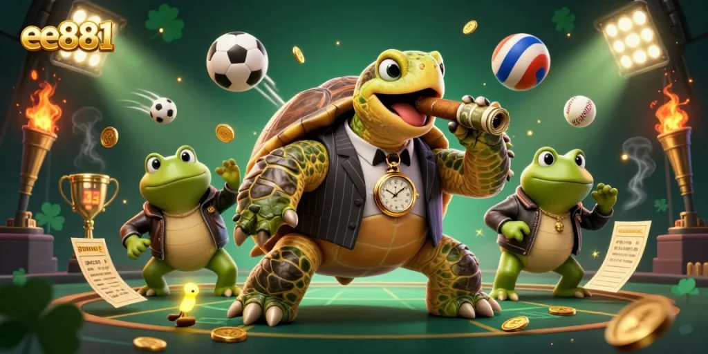 Betting with ee881, a massive snapping turtle in a mobster suit in a vibrant casino scene.