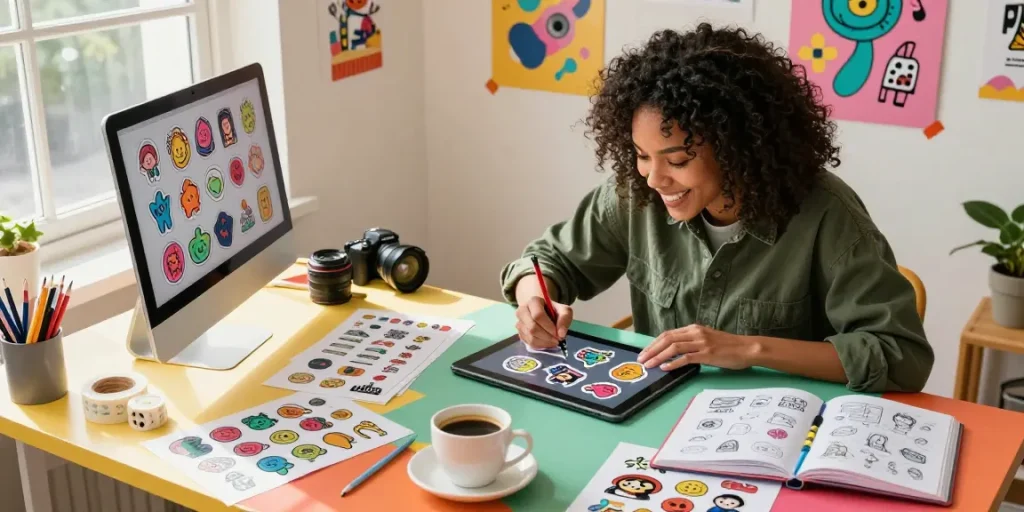 Custom stickers design in a vibrant workspace with creative tools and proofs.