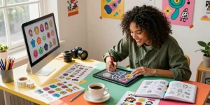 Custom stickers design in a vibrant workspace with creative tools and proofs.