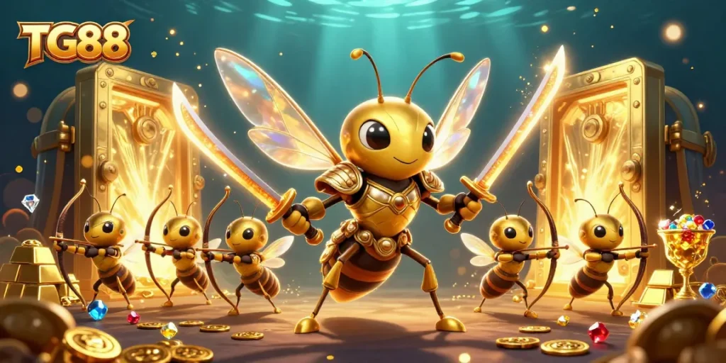 Experience TG88's vibrant online gaming scene with a golden hornet samurai and treasure elements.