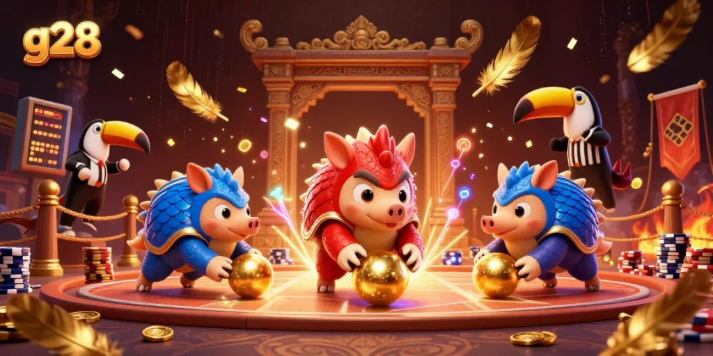 Watch g28 pangolins in colorful armor bowling through poker chips in a dynamic casino setting.