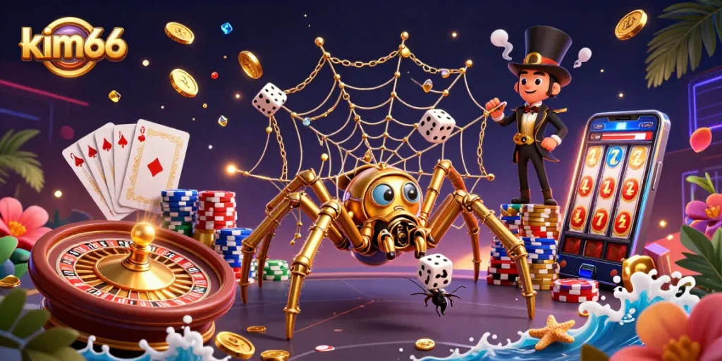 Engage in thrilling gameplay with kim66, featuring a steampunk spider and golden elements.