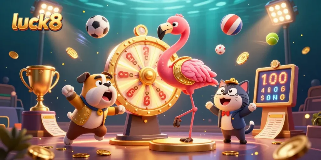 Experience the excitement of luck8 with vibrant casino games and dynamic characters celebrating prizes.
