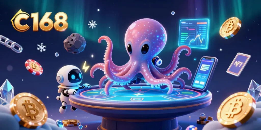Engage with exciting c168 poker action featuring an alien octopus and holographic elements