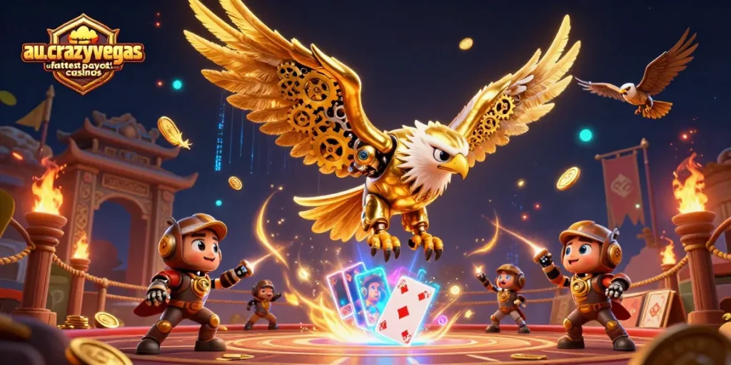 Experience the excitement of au.crazyvegas.com fastest payout casinos with a dynamic 3D illustration featuring gambling elements and highlights.