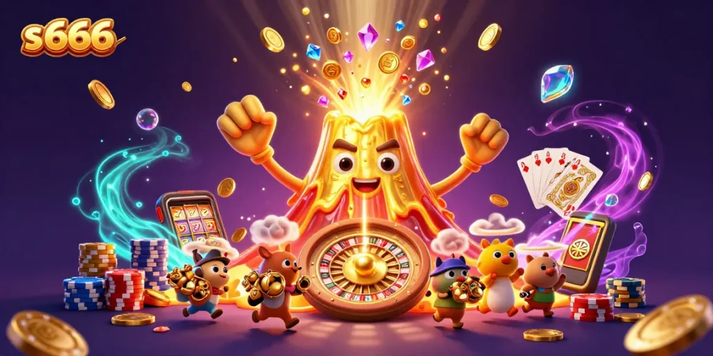 Experience the thrill of s 666 with a vibrant explosion of casino symbols and treasures.