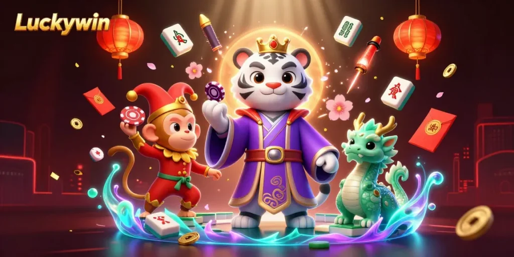 Experience the excitement of Luckywin with a vibrant casino-themed illustration showcasing lively characters and dynamic gaming elements.