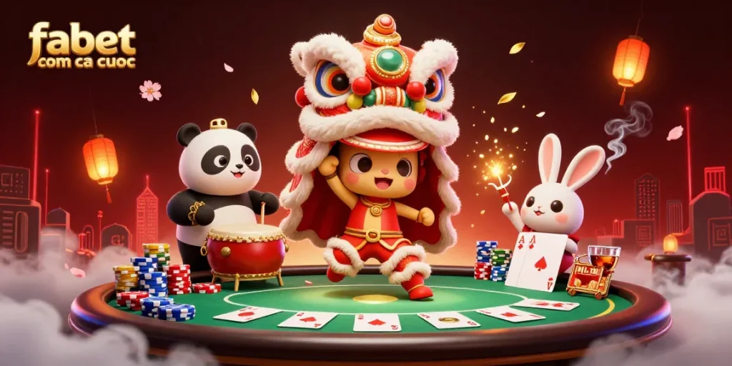 Experience excitement with fabet com ca cuoc as a vibrant lion dance meets poker in a lively casino element scene.