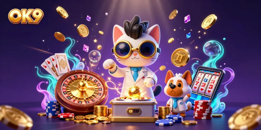 Experience thrilling gaming at OK9 with vibrant casino elements and dynamic characters.
