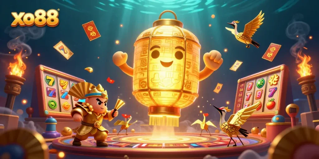 Experience exciting gameplay at xo88 featuring a dynamic casino scene with vivid slots and golden lanterns.