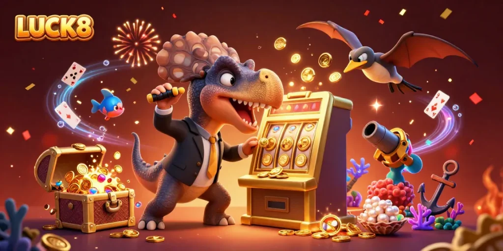 LUCK8 captivates players with a colorful scene of a pachycephalosaurus hitting a slot machine for a jackpot.