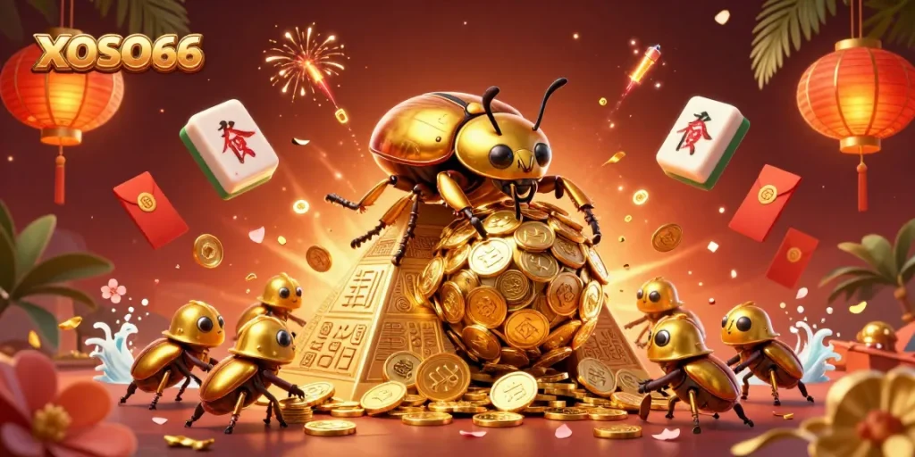 XOSO66 showcases a vibrant scene of golden beetles navigating a treasure pyramid amid floating casino elements.