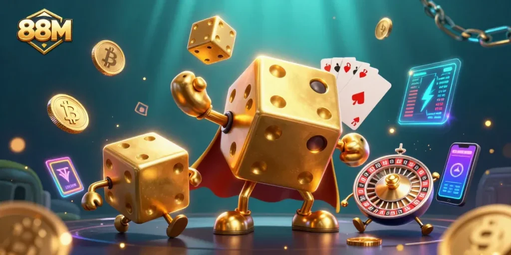 Experience thrilling gaming action with 88M's unique golden dice and crypto elements in a vibrant casino scene.