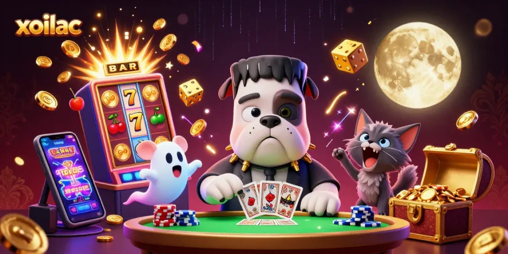 Xoilac's 3D cartoon illustration shows Frankenstein bulldog dealing cards, thrilling casino atmosphere.