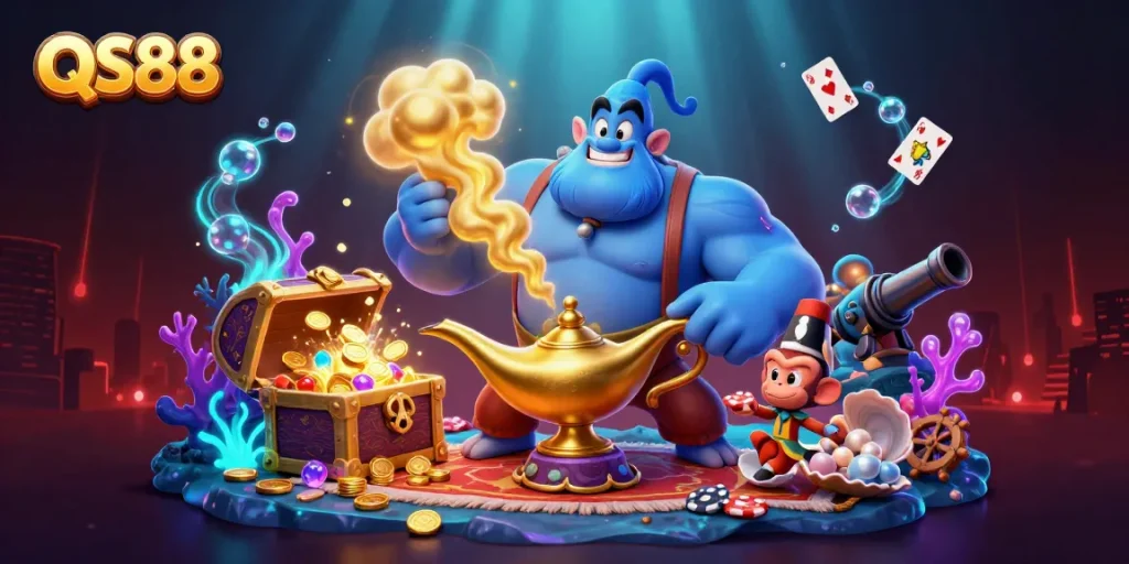 Experience winning with QS88 in this vibrant 3D casino scene filled with treasure and excitement.